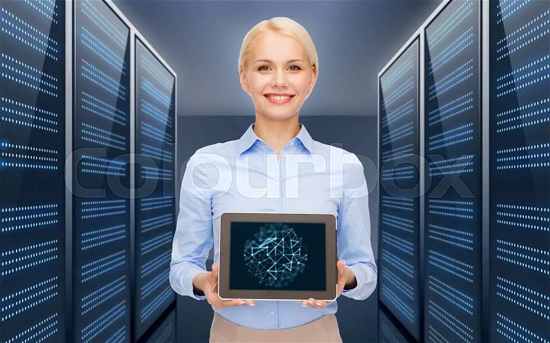 Business, people and technology concept - happy smiling businesswoman holding tablet pc computer over futuristic server room background, stock photo