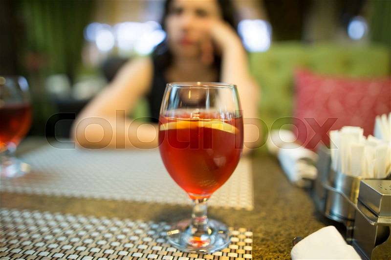 Red strawberry drink on the table in the restaurant , stock photo