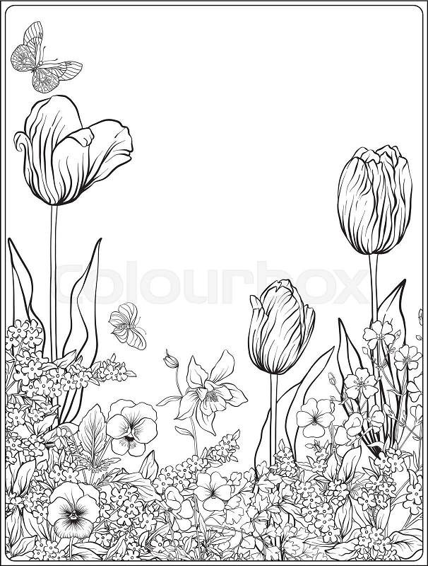 Composition with spring flowers: tulips, daffodils, violets, forget-me-nots in botanical style. Stock line vector illustration. Outline hand drawing coloring page for adult coloring book. , vector