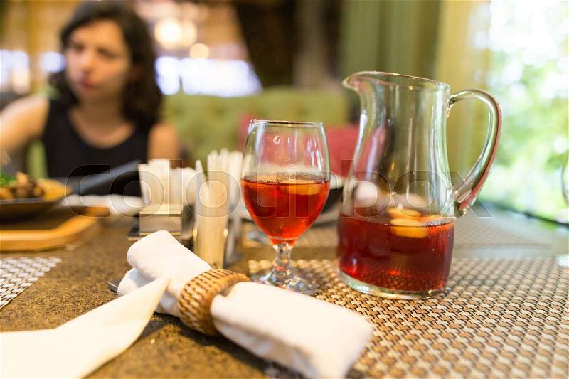 Red strawberry drink on the table in the restaurant , stock photo