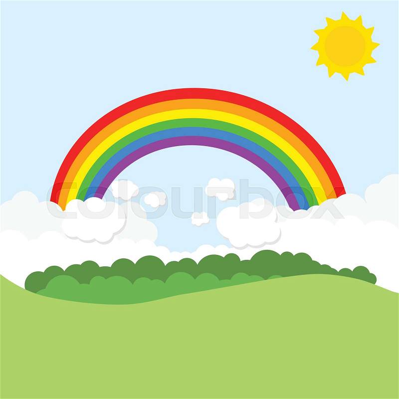 Landscape with rainbow and sun. Vector illustration, vector