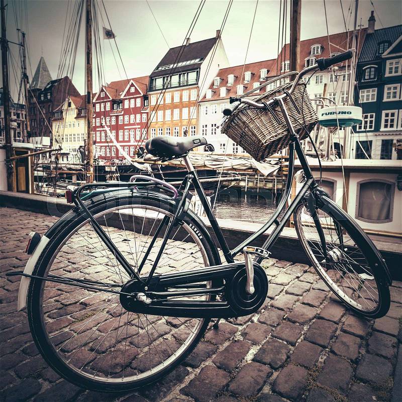 Classic vintage retro city bicycle in Copenhagen, Denmark, stock photo