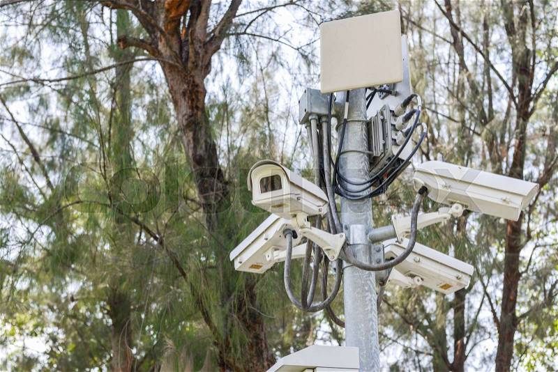 CCTV cameras on the post in the public park, stock photo
