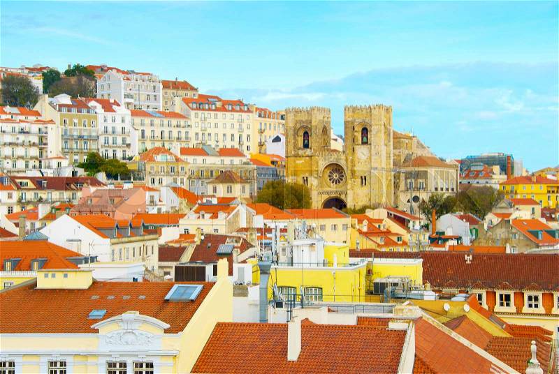 Skyline of Lisbon with famous Lisbon Cathedral. Portugal, stock photo