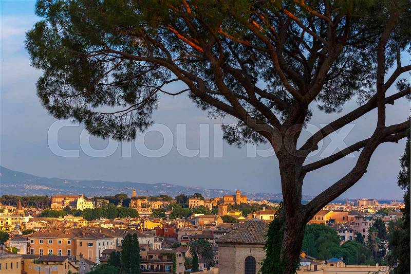 Aerial wonderful view of Rome at sunset time in Rome, Italy, stock photo