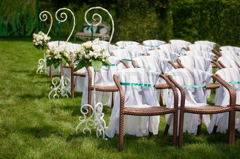 Beautifully decorated wedding reception outdoors. Wedding decor, stock photo