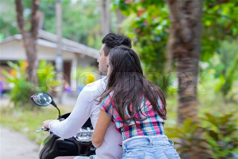 Couple Riding Motorcycle, Young Man Woman Tourist Travel Bike Tropical Forest Exotic Vacation Summer Holiday, stock photo