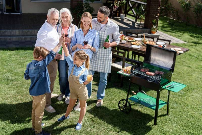 Girl giving high five to brother with smiling family standing near by at barbecue , stock photo