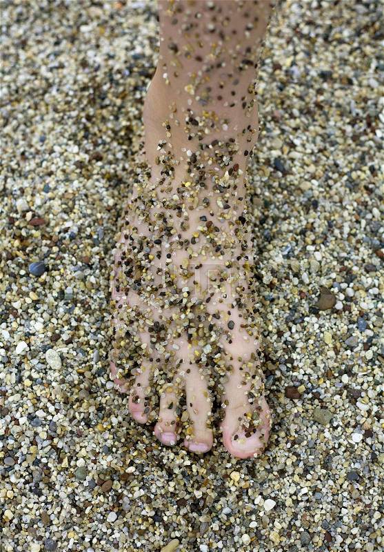Sandy foot camouflaged against beach, stock photo