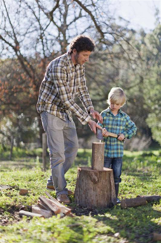 Father teaching son to chop wood, stock photo