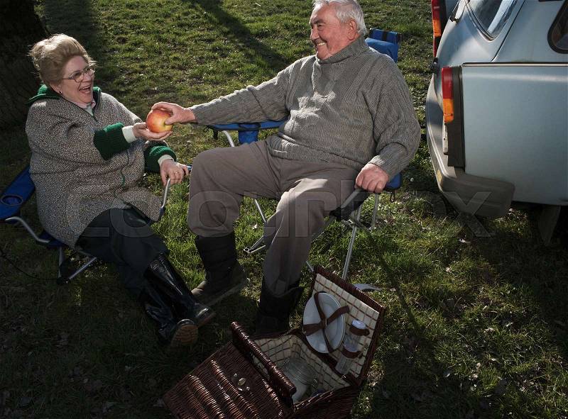 Senior couple having picnic by car, stock photo