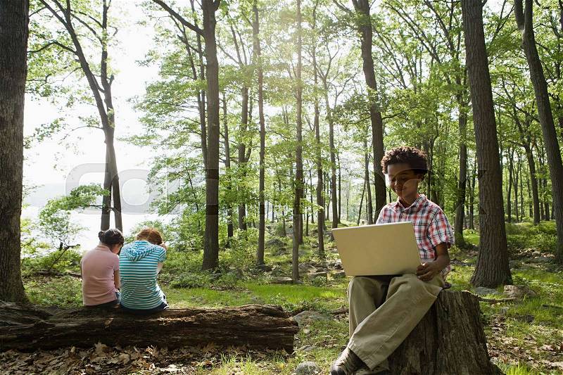 Boy using a laptop in a forest, stock photo