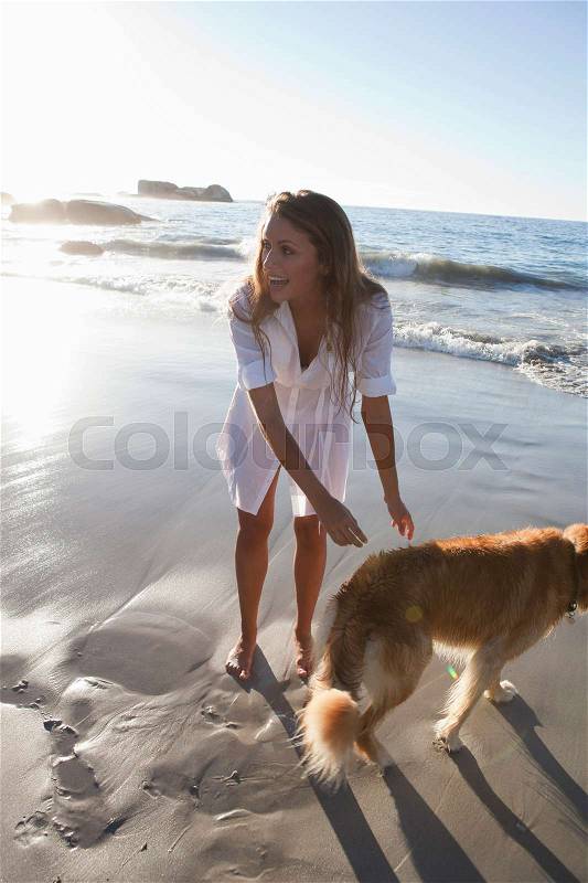 Woman petting dog on beach, stock photo