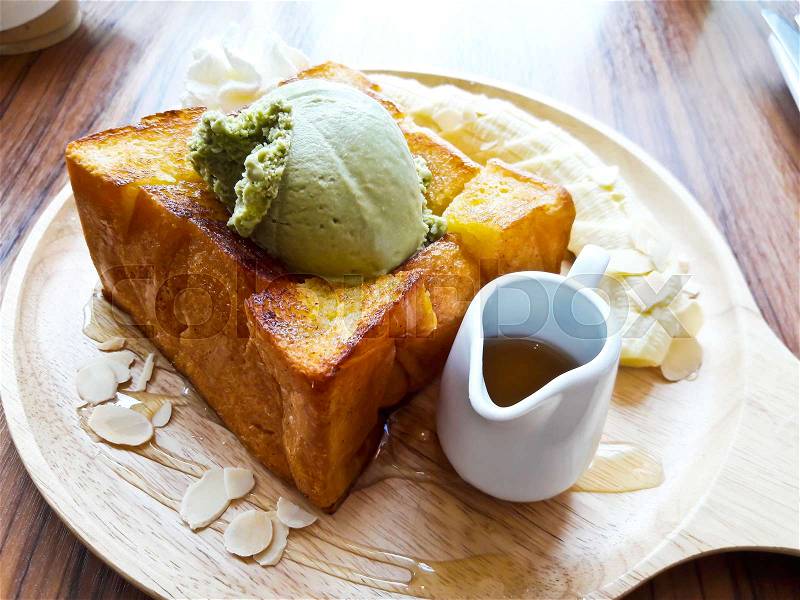 Honey toast with ice cream and fruit, stock photo