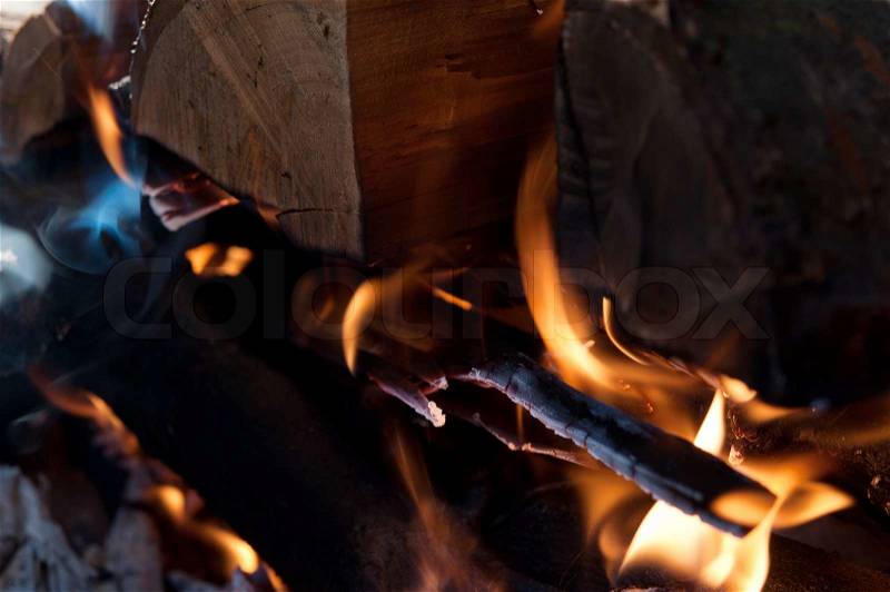 Dry sticks of wood burn in the fire background, stock photo