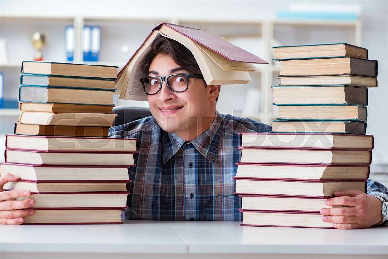 Nerd funny student preparing for university exams, stock photo