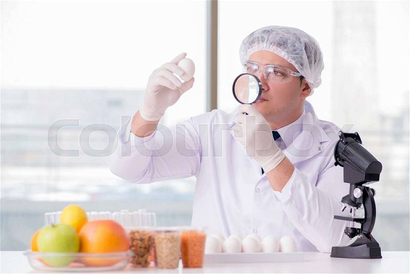 Nutrition expert testing food products in lab, stock photo