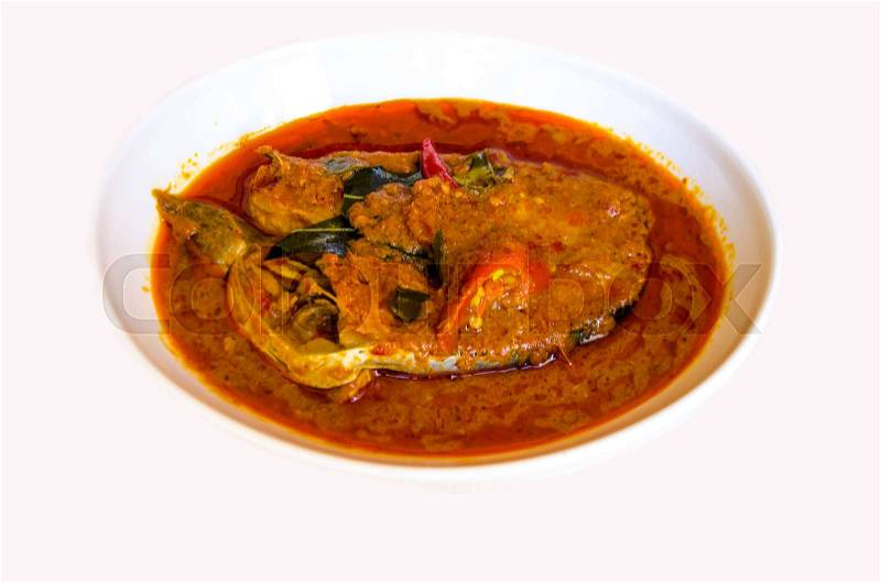 Fish curry on white background, stock photo