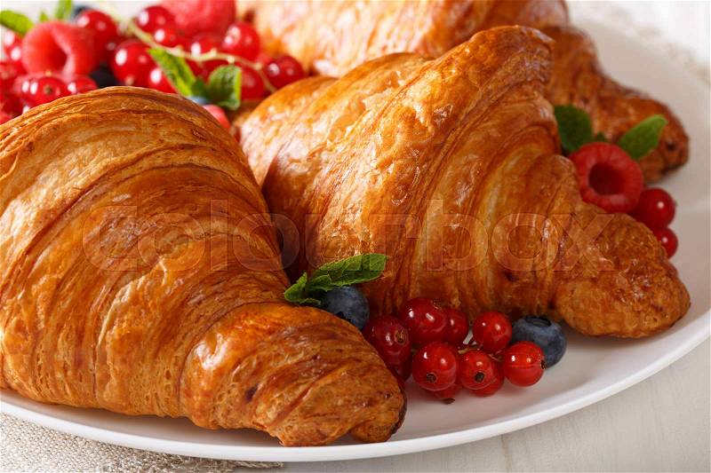 Appetizing crispy croissants and berries close-up on a plate. horizontal , stock photo