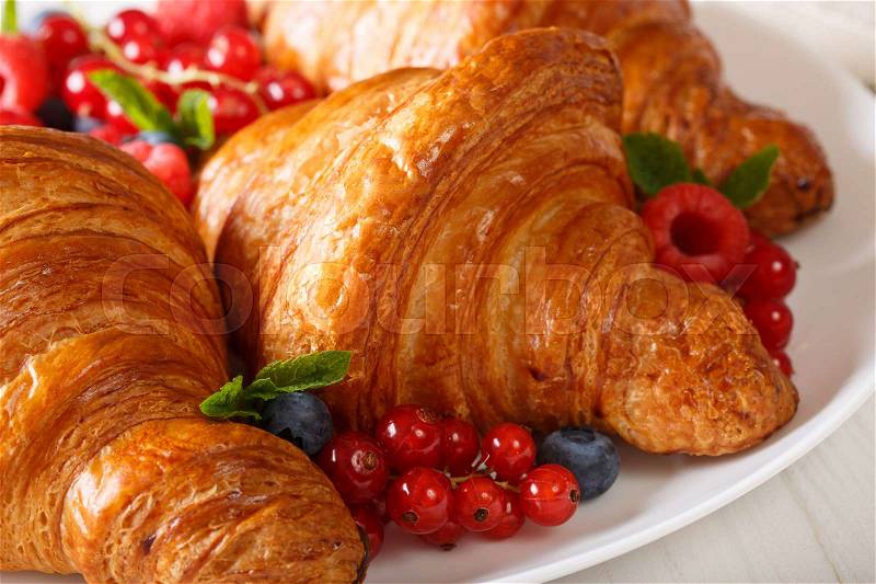 Beautiful pastries: croissants and berries close-up on a plate. horizontal , stock photo