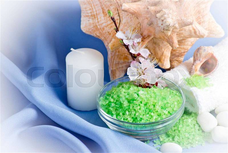 Spa salon design with sea salt and shell. For this photo applied toning, stock photo