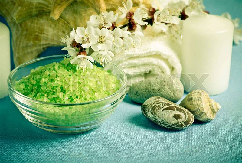 Spa salon design with sea salt and apricot flowers. For this photo applied toning in retro style, stock photo