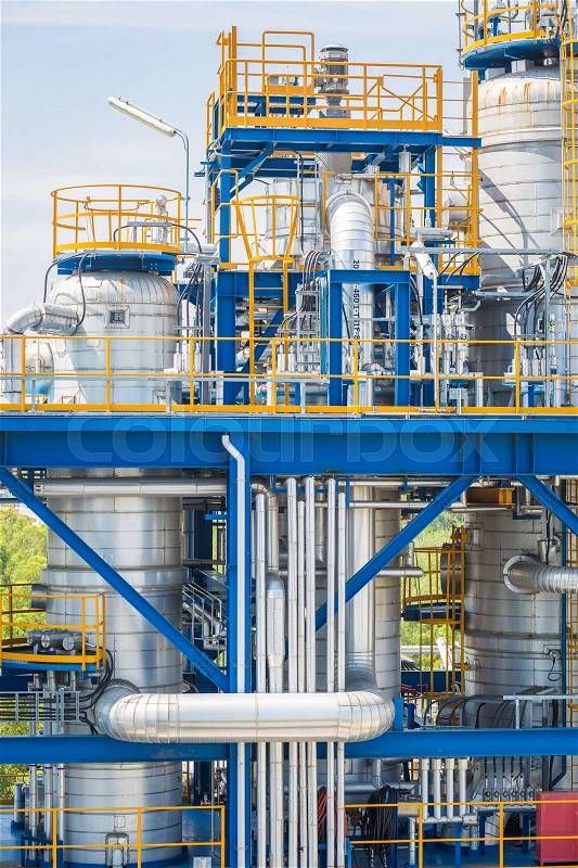 Side view of process area structure of chemical plant , Contain silo pipe and engineering equipment, stock photo