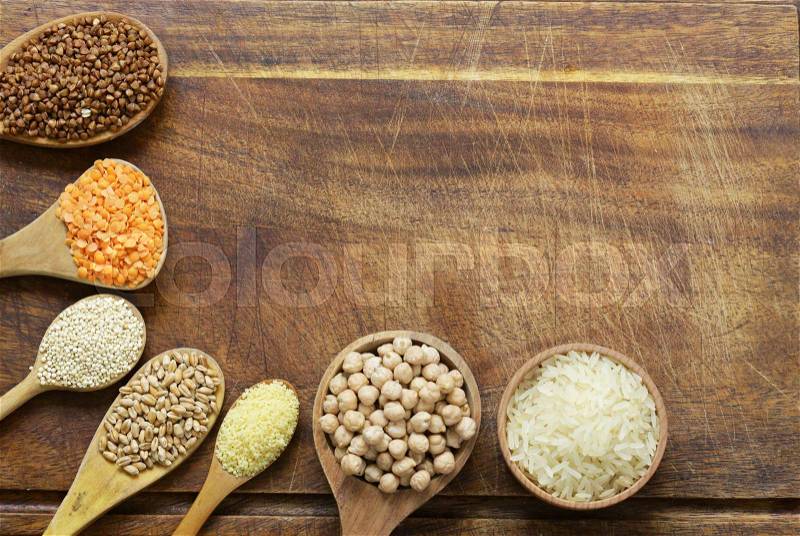 Different types of cereals - buckwheat, chickpeas, rice, quinoa, lentils, stock photo