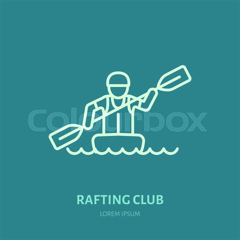 Rafting, kayaking flat line icon. Vector illustration of water sport - rafter with paddle in river boat. Linear sign, summer recreation pictograms for paddling gear store, vector