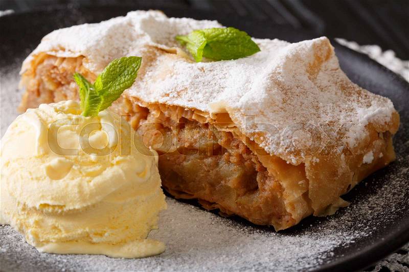 Austrian traditional apple strudel with ice cream and mint closeup on a plate. Horizontal , stock photo