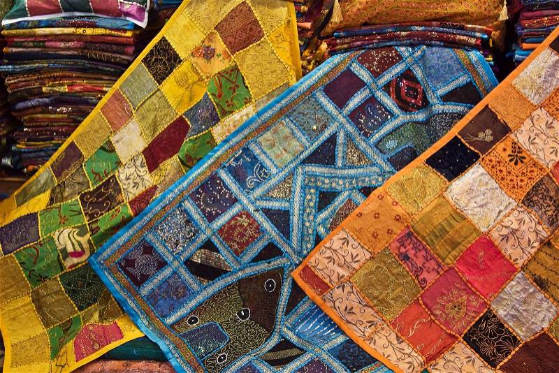 Colorful turkish fabric samples on the market, stock photo