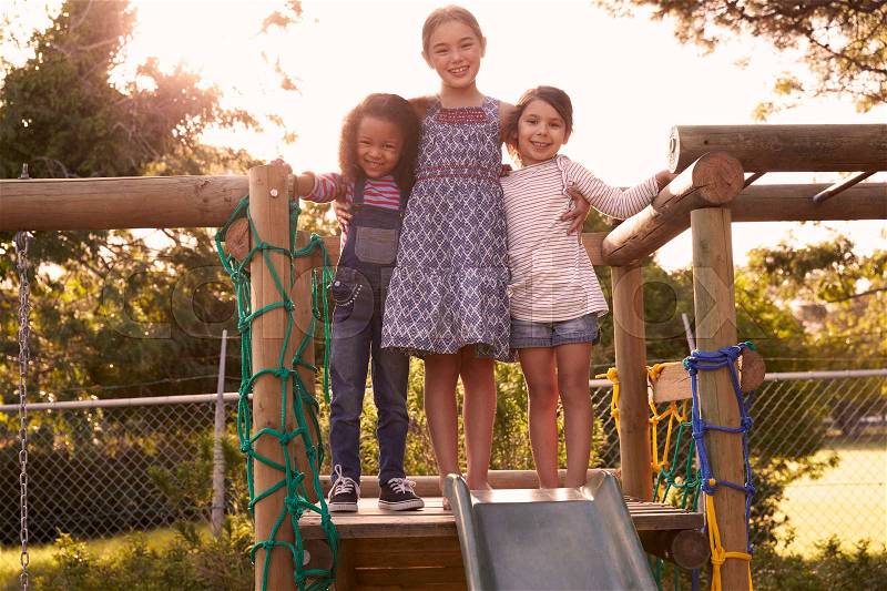 Three Girls Playing Outdoors At Home On Garden Slide, stock photo