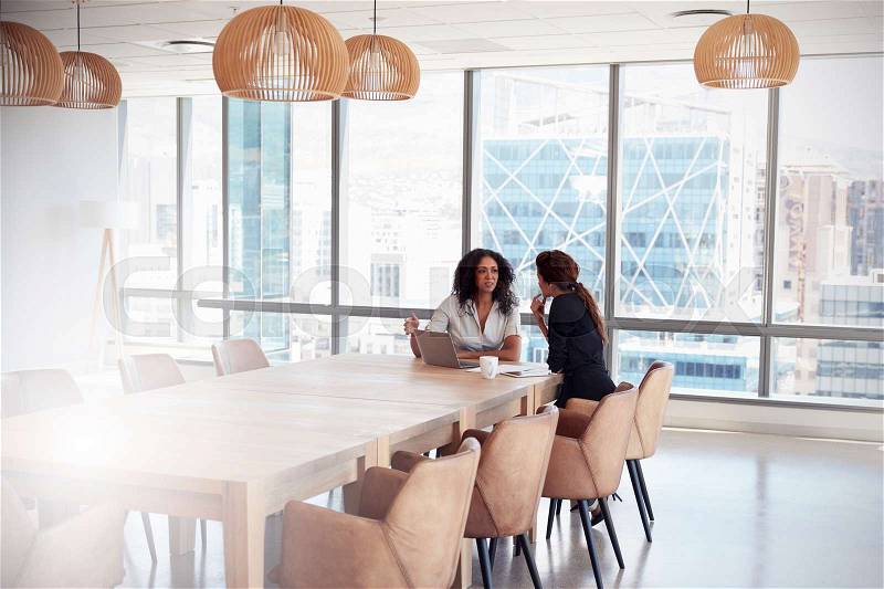 Two Businesswomen Using Laptop In Boardroom Meeting, stock photo