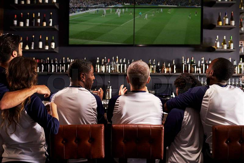Rear View Of Friends Watching Game In Sports Bar Celebrating, stock photo