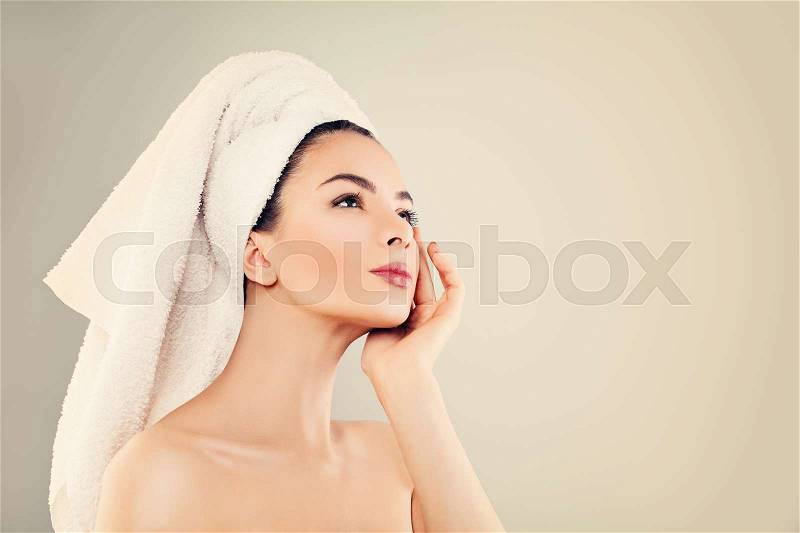 Spa Model Woman with Healthy Skin and White Towel after Bath on Banner Background, stock photo