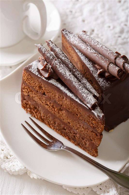 Beautiful dessert: truffle cake with chocolate chips on a plate close up. vertical , stock photo