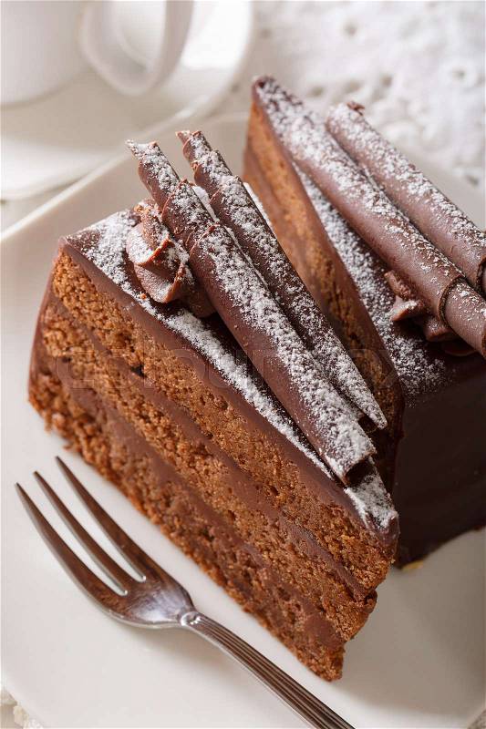 Very beautiful truffle cake is decorated with chocolate chips close-up on a plate. vertical , stock photo