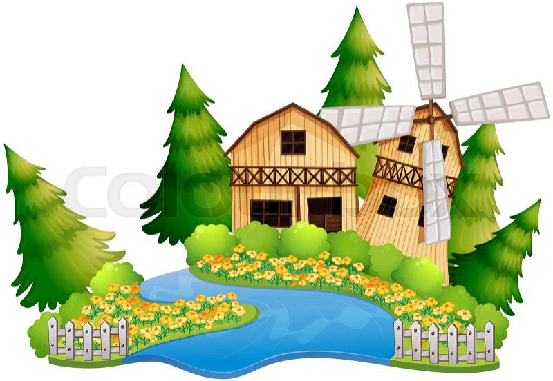 Farm scene with barn by the river illustration, vector