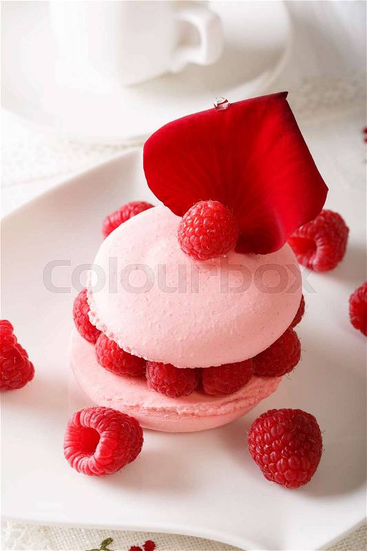 Raspberry macaroon with fresh berries and flower petals close up on a plate. vertical , stock photo