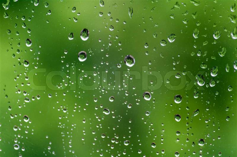 Drops of rain on a window, green background closeup, stock photo