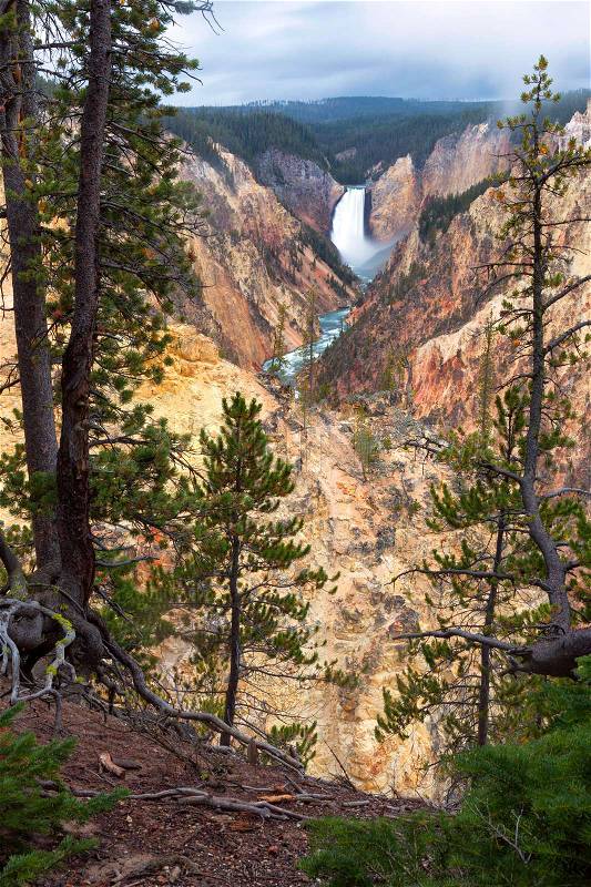 Morning fog lifts above the Lower Falls of the Yellowstone River, stock photo