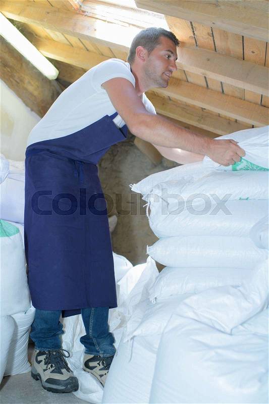 Worker moving white sacks, stock photo