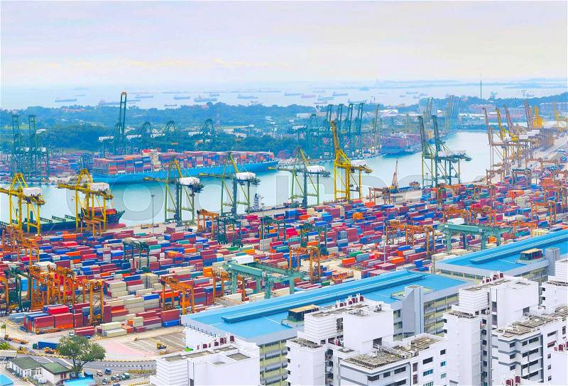 Aerial view of Singapore commercial port at sunset, stock photo
