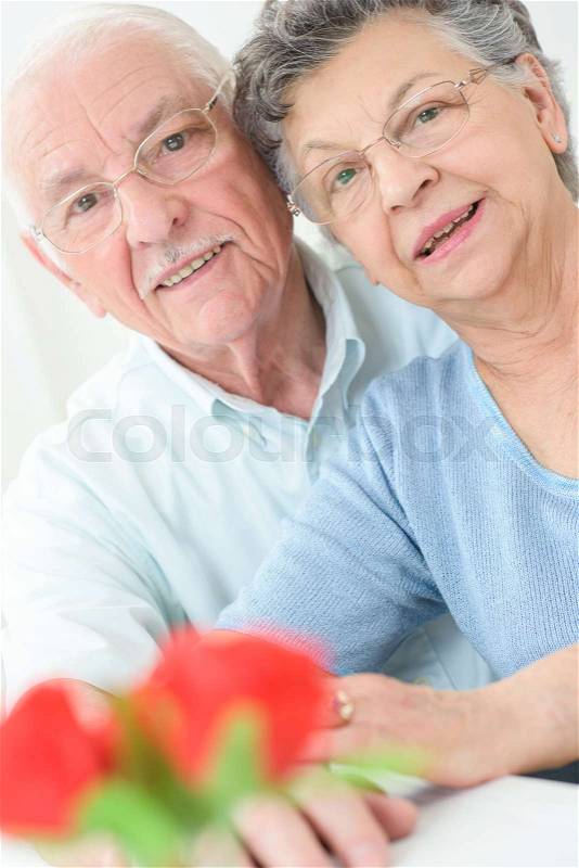 Happy senior couple faces elderly man and woman in love, stock photo