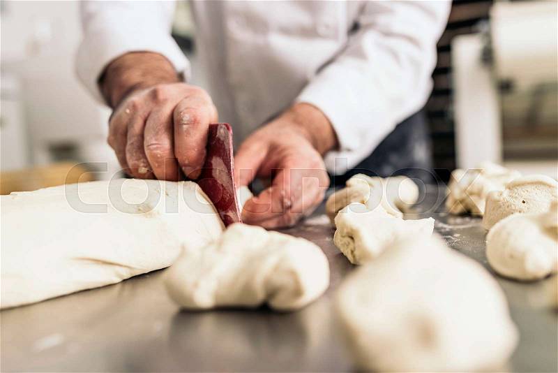 Baker kneading dough in a bakery. Bakery Concept, stock photo