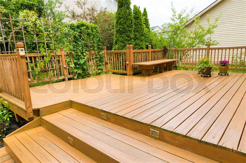 Wooden deck of family home, stock photo