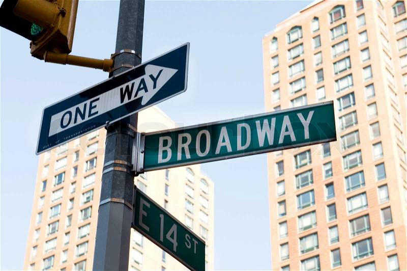 Famous broadway street signs in downtown New York, stock photo