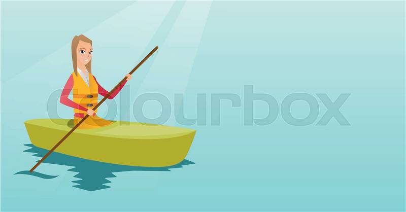 Young caucasian traveler woman traveling by kayak. Sportswoman riding a kayak on river. Traveling woman paddling a canoe. Sport and tourism concept. Vector flat design illustration. Horizontal layout, vector