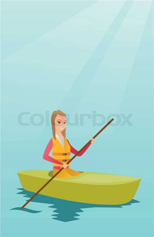 Young caucasian traveler woman traveling by kayak. Sportswoman riding a kayak on river. Traveling woman paddling a canoe. Sport and tourism concept. Vector flat design illustration. Vertical layout, vector