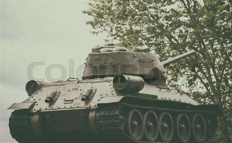 Legendary tank T-34 in the forest, stock photo